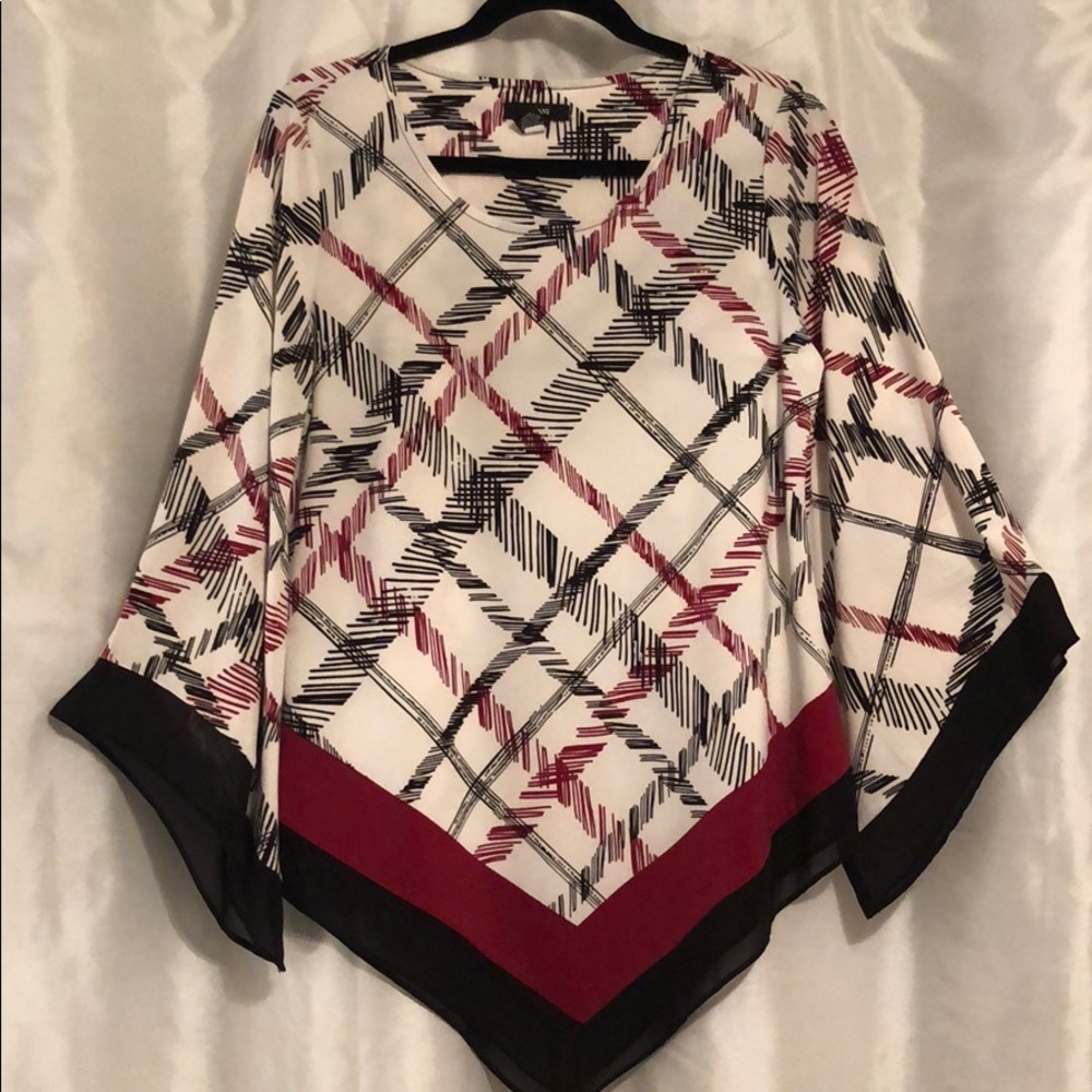 Red, black and cream flutter sleeve blouse